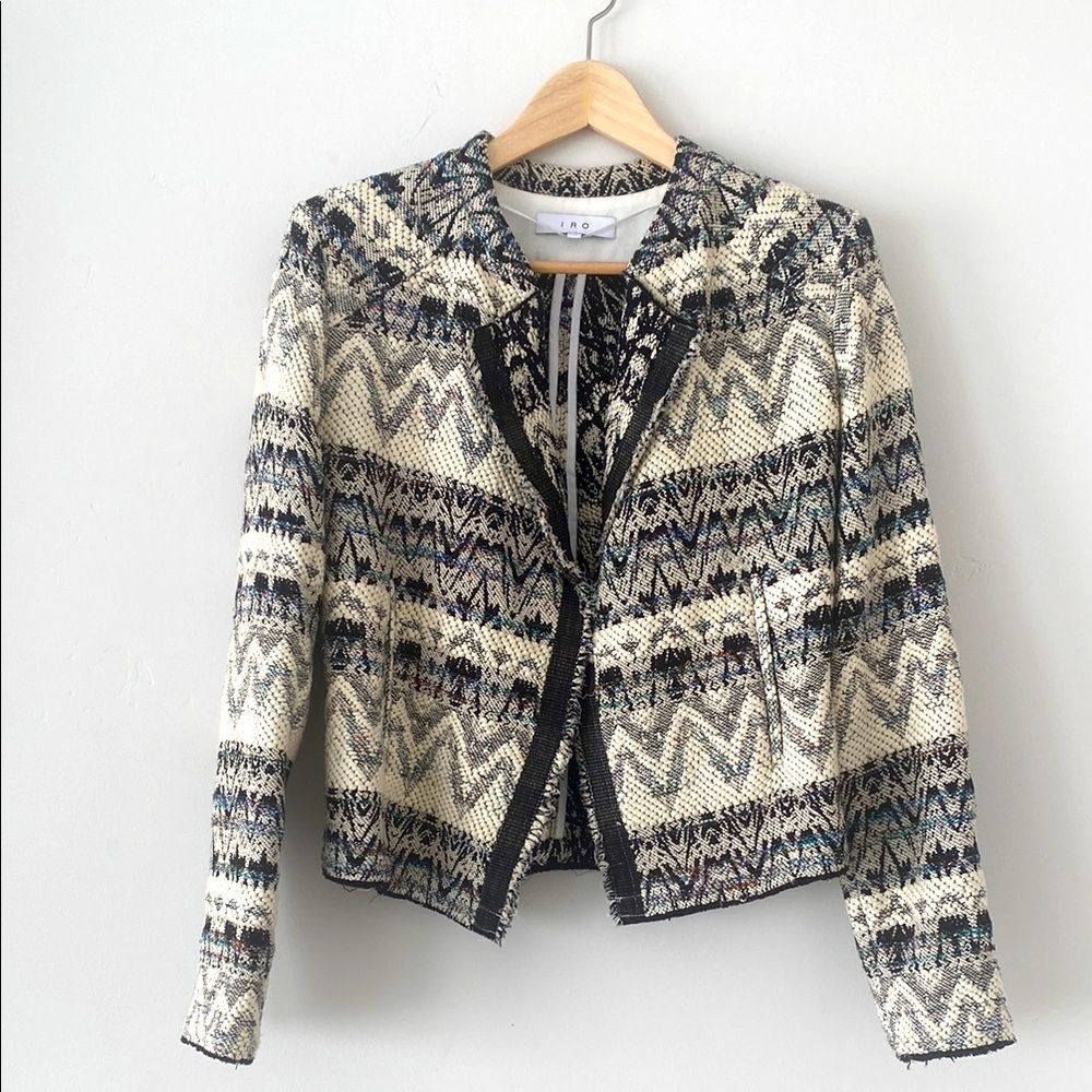 IRO Boho Chic Aztec Western Patter Cotton Jacket Black Cream Boho Corp Chic Sz 6